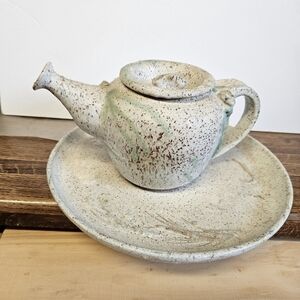 Handmade Artisan Stoneware Pottery Teapot and Under Plate